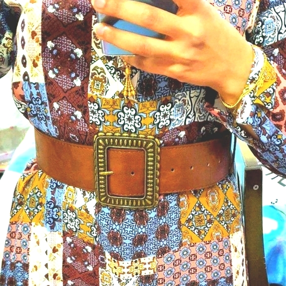 Wide brown vegan leather boho chic vintage big bronze buckle waist belt - Picture 4 of 15